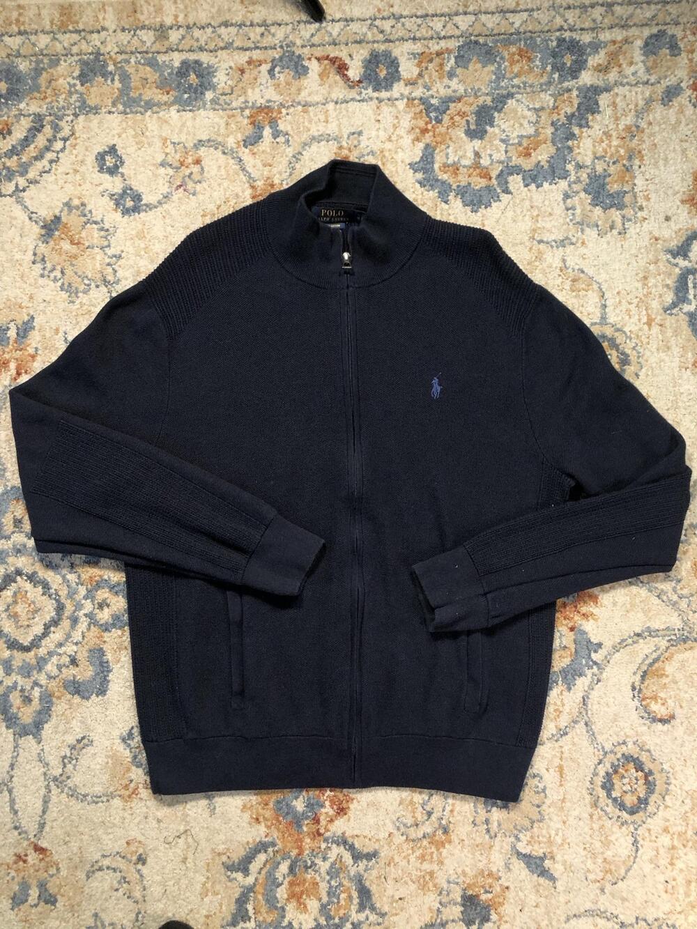 Polo Ralph Lauren Sweater Mens XL Navy Blue Pima Cotton Full Zip Mock Neck Knit